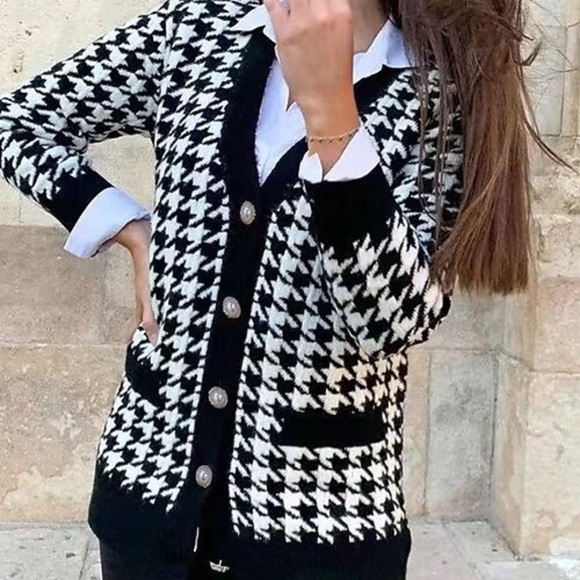 Cardigan 🆕 black white knit 5 buttons sweater v-neck oversized hip length - Picture 17 of 17